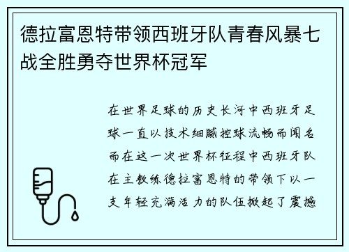 德拉富恩特带领西班牙队青春风暴七战全胜勇夺世界杯冠军