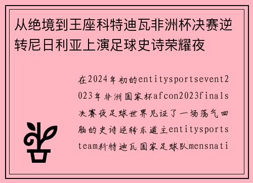 从绝境到王座科特迪瓦非洲杯决赛逆转尼日利亚上演足球史诗荣耀夜